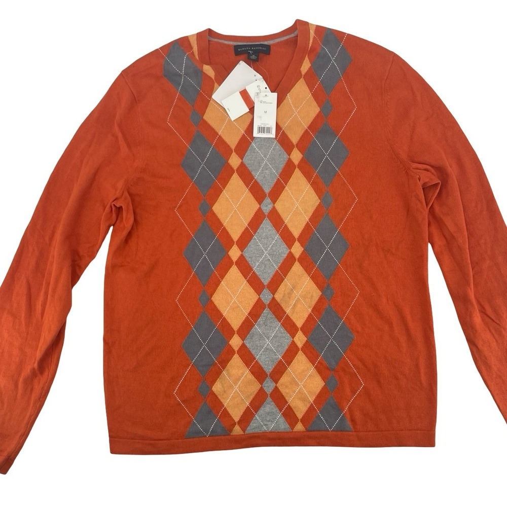 Banana Republic Men's Sweater Argyle Orange Knit Medium